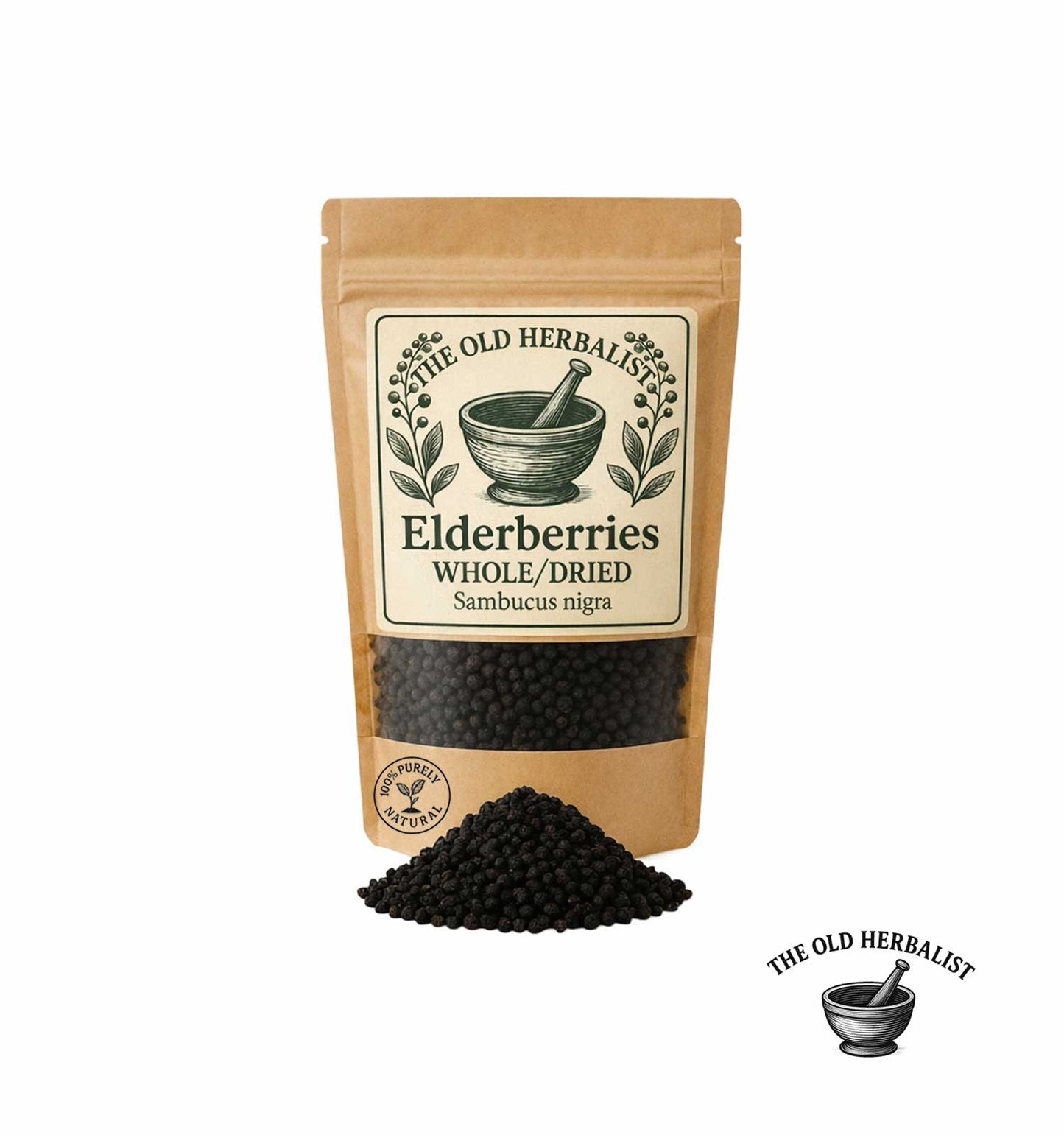 Dried elderberries in kraft pouch – herbal ingredient.
