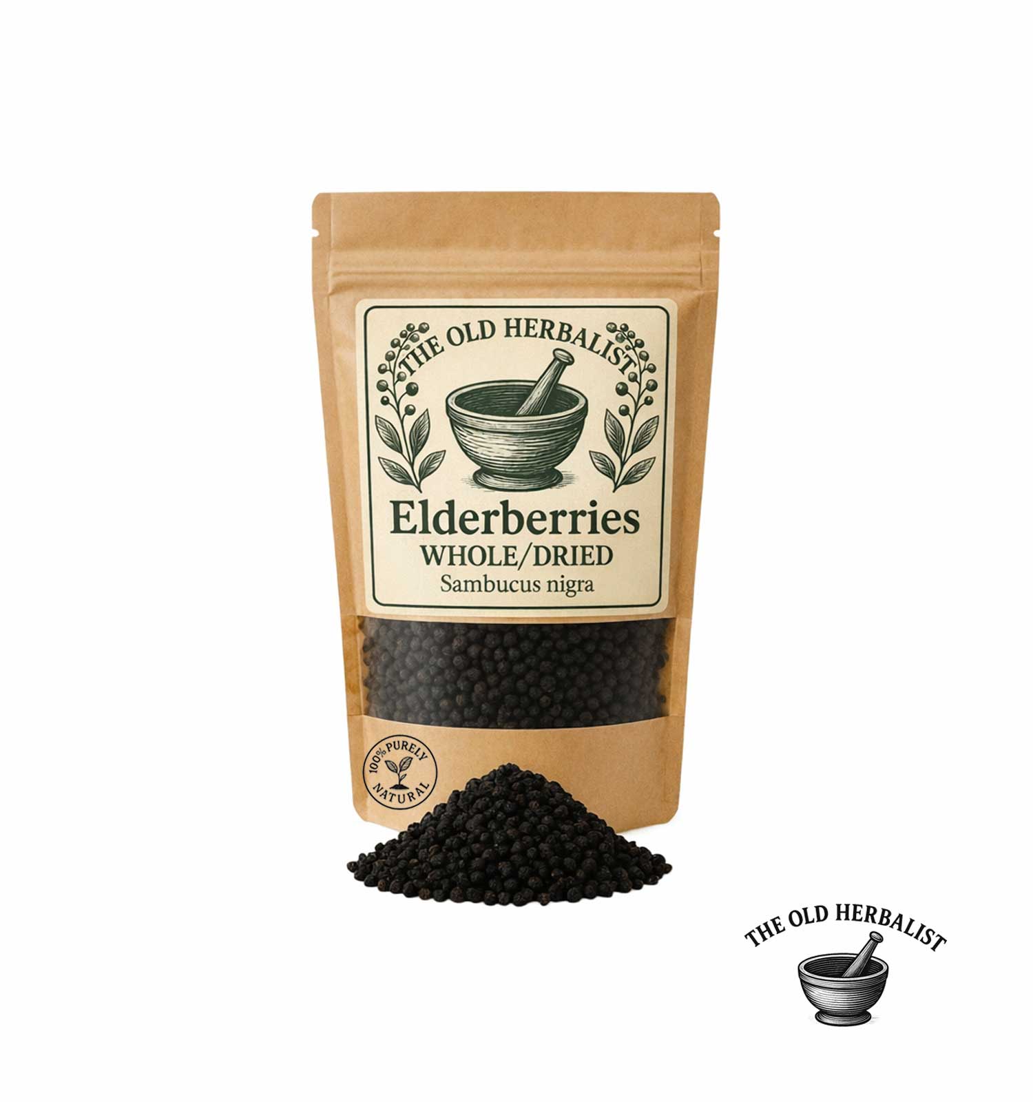 Dried elderberries in kraft pouch – herbal ingredient.
