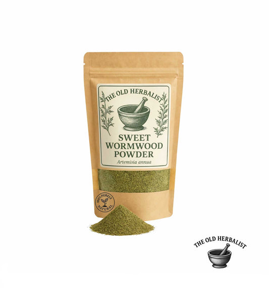 Sweet wormwood powder in kraft pouch – Artemisia annua herb.
