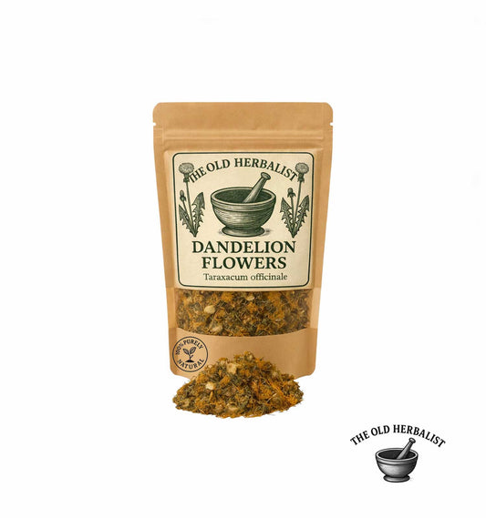 Bag of dandelion flowers with 'The Old Herbalist' branding on a white background