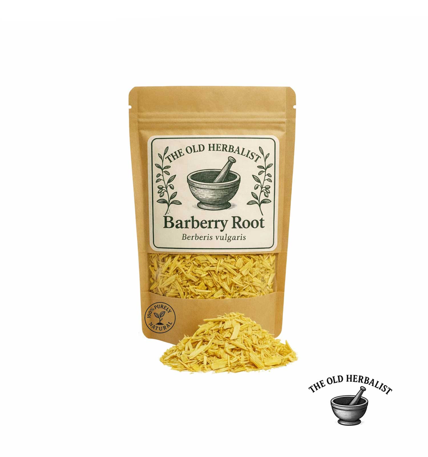 Dried barberry root in kraft pouch – herbal root ingredient.
