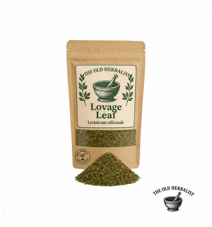 Dried lovage leaf in kraft pouch – aromatic European herb.
