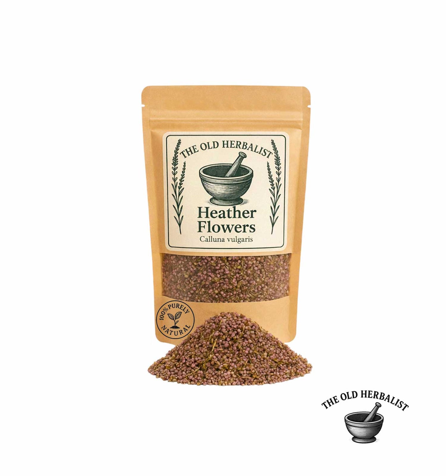 Dried heather flowers in kraft pouch – herbal tea ingredient.