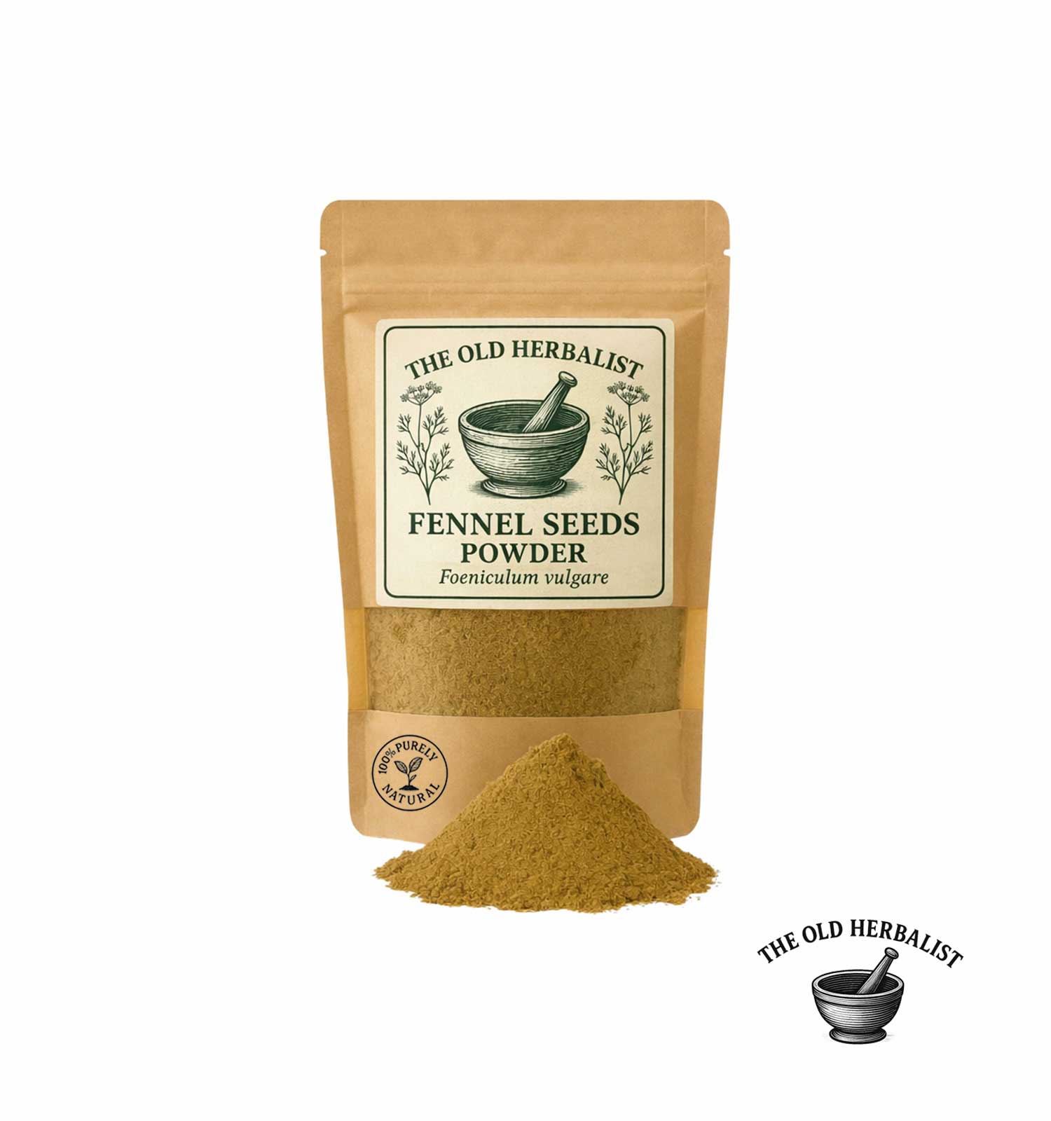 Dried fennel seeds powder in kraft pouch – herbal spice ingredient.
