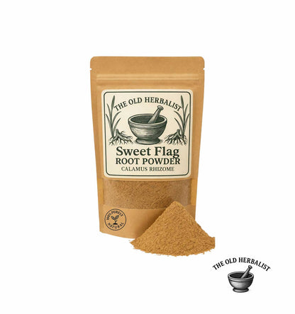 Sweet Flag root powder in kraft pouch – herbal root ingredient.
