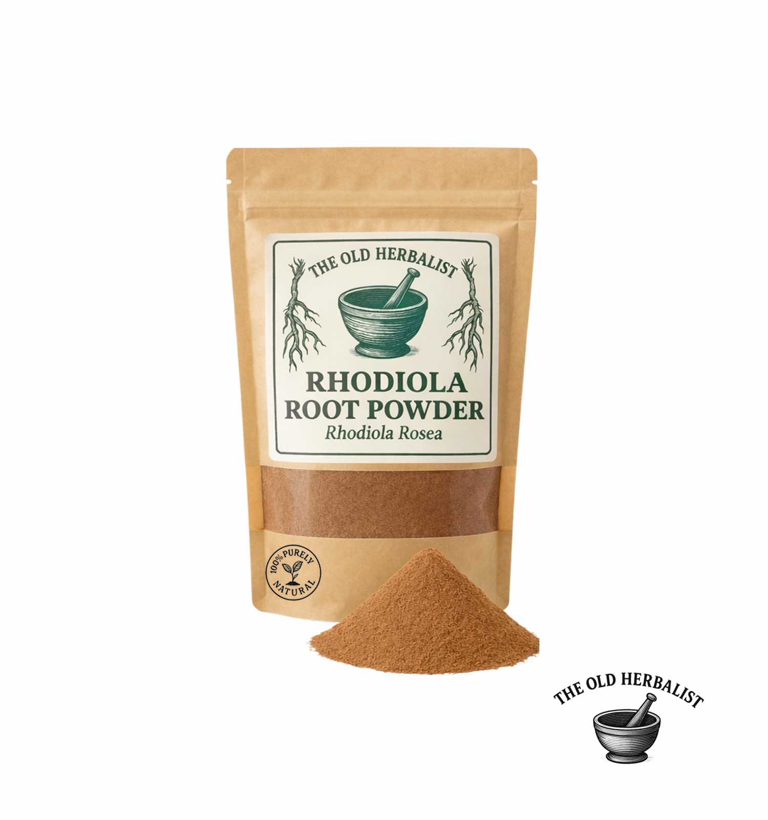 Rhodiola root powder in kraft pouch – herbal adaptogenic root.
