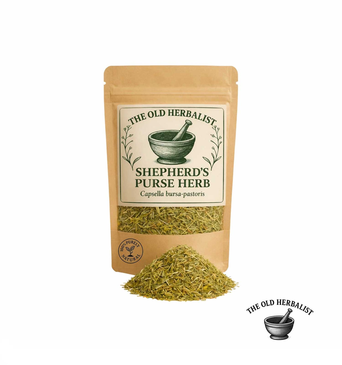 Dried shepherd’s purse herb in kraft pouch – herbal ingredient.

