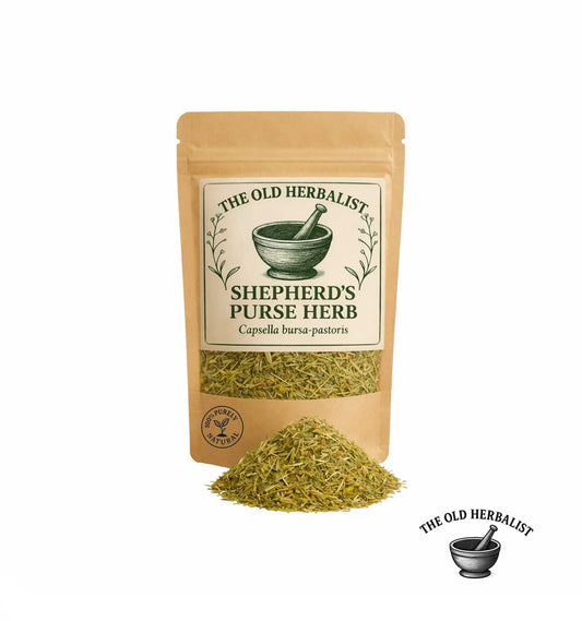 Dried shepherd’s purse herb in kraft pouch – herbal ingredient.
