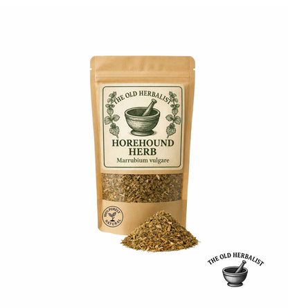 Dried horehound herb in kraft pouch – traditional herbal ingredient.
