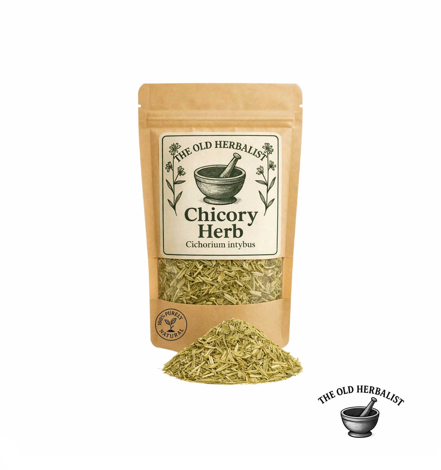 Dried chicory herb in kraft pouch – herbal tea ingredient.
