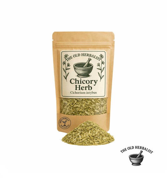 Dried chicory herb in kraft pouch – herbal tea ingredient.
