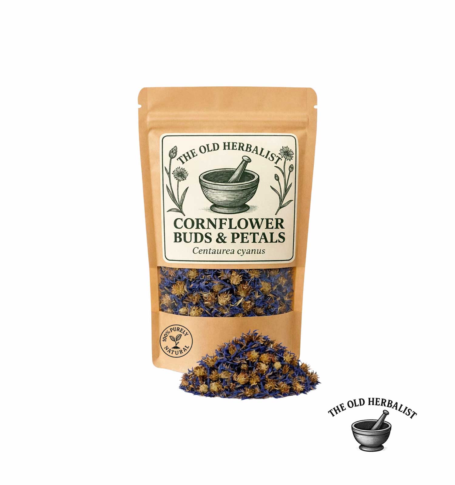 Dried cornflower buds and petals in kraft pouch – herbal flower.
