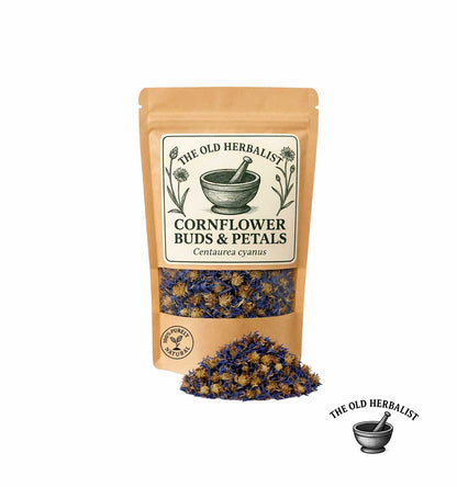 Dried cornflower buds and petals in kraft pouch – herbal flower.

