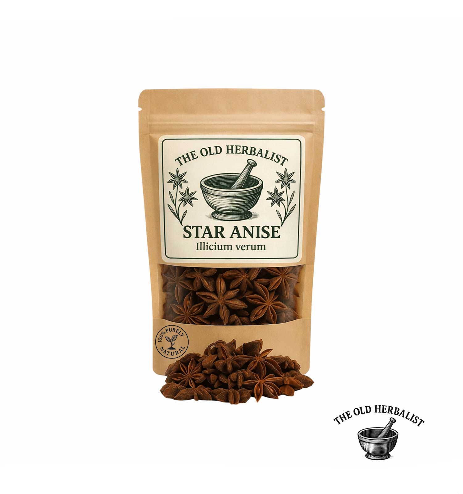 Whole star anise pods in kraft pouch – aromatic culinary spice.
