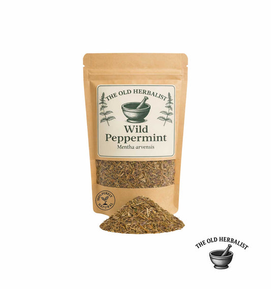 Dried wild peppermint leaves in kraft pouch – herbal tea and spice.