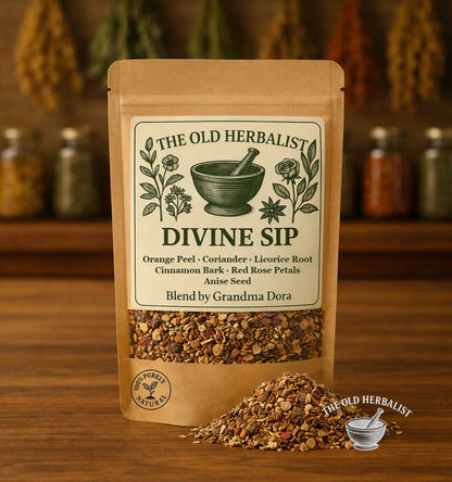 Masala-style herbal tea blend in kraft pouch with warming spices.
