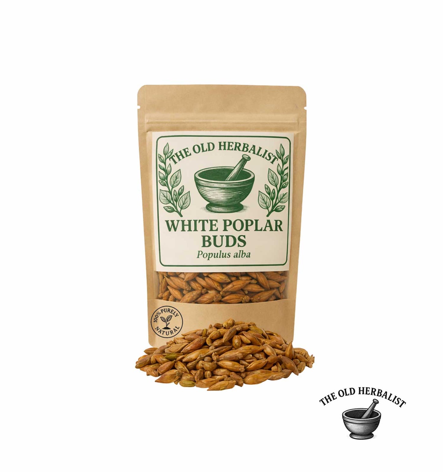 Dried white poplar buds in kraft pouch – herbal ingredient.
