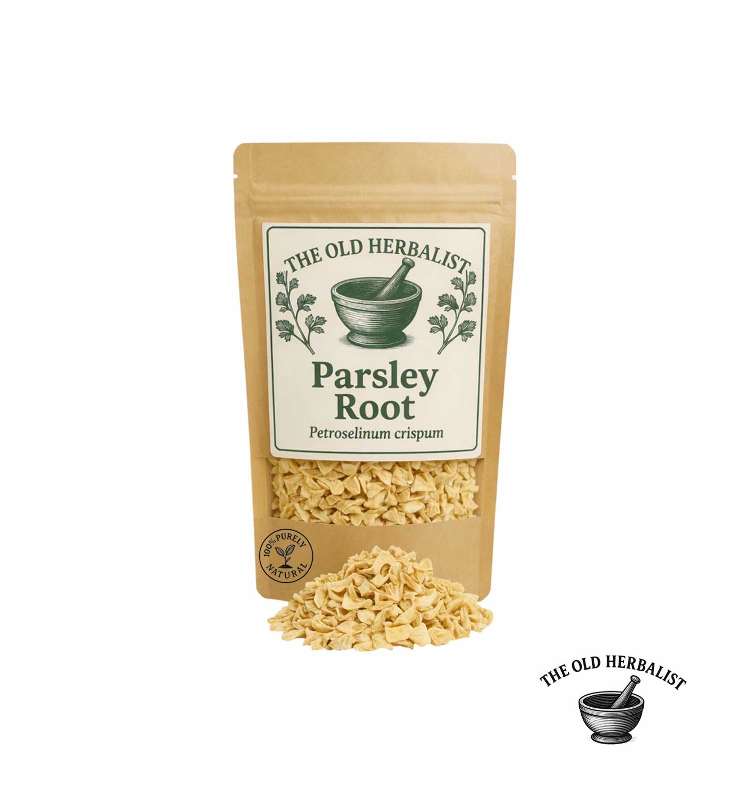 Dried parsley root pieces in kraft pouch – herbal root ingredient.
