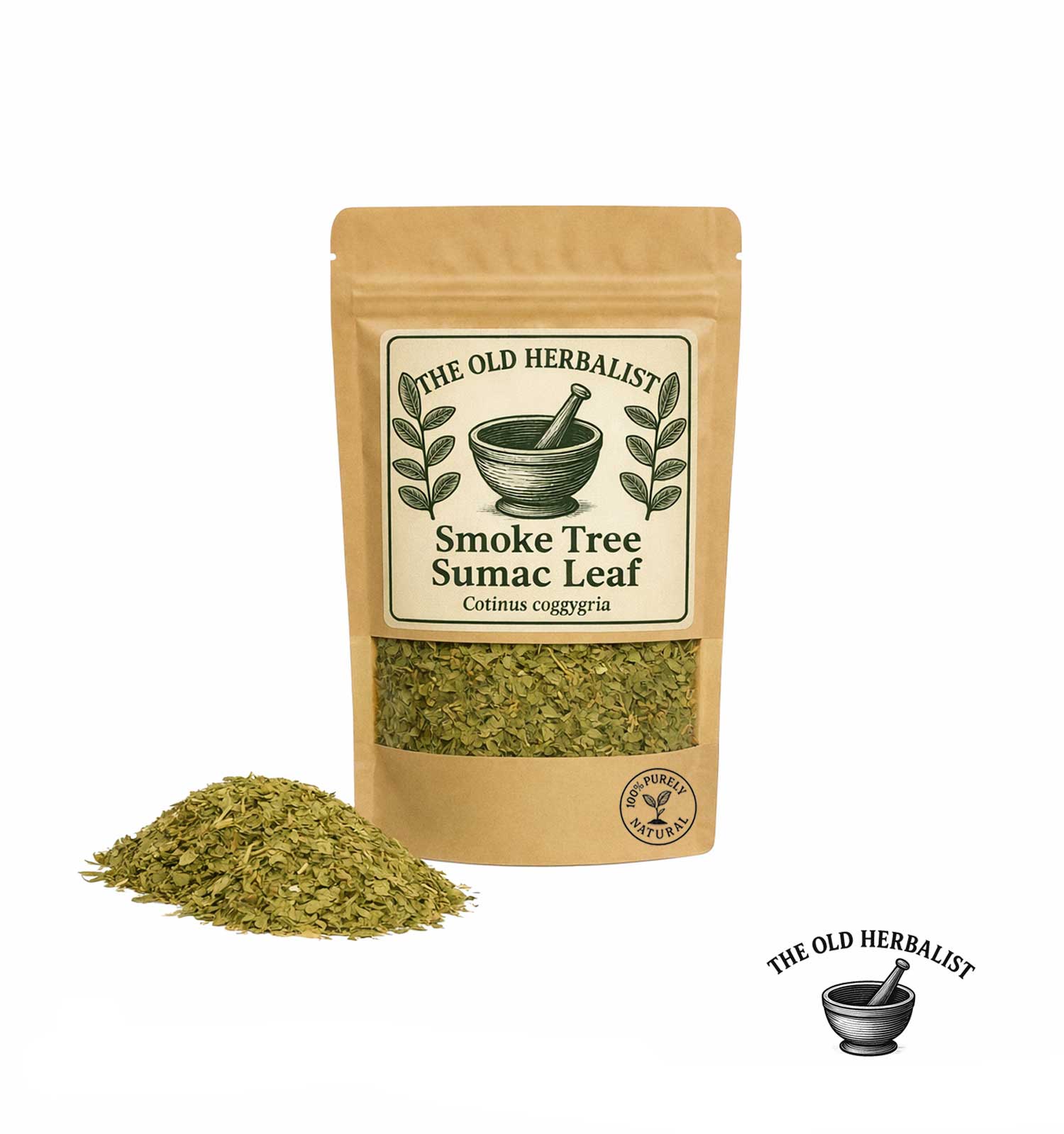 Dried smoke tree leaves in kraft pouch – herbal ingredient.
