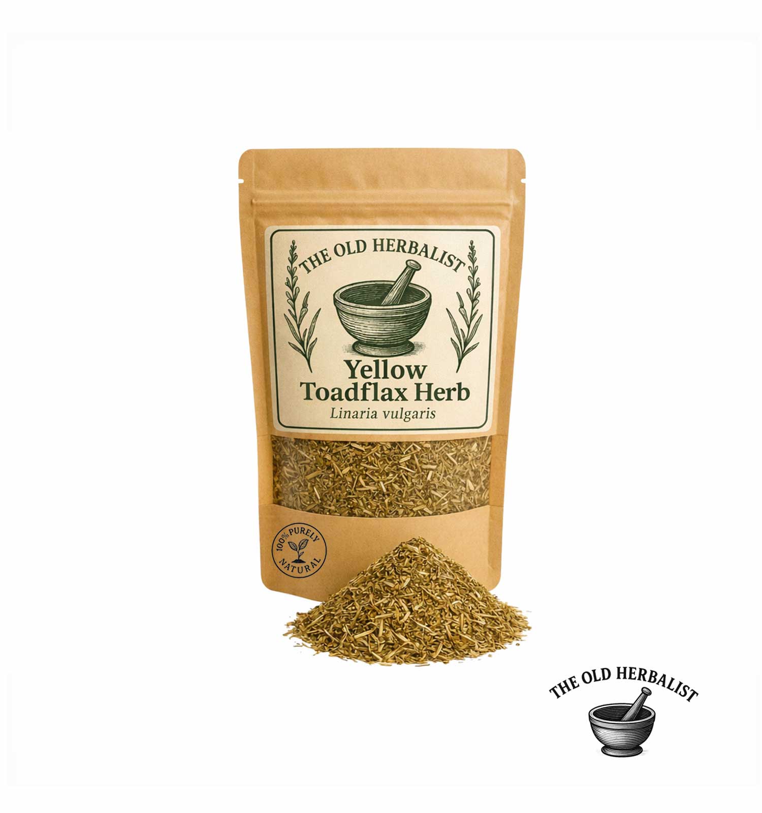 Dried yellow toadflax herb in kraft pouch – Linaria vulgaris.
