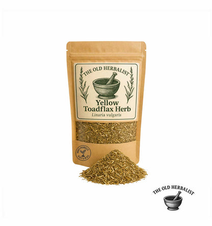 Dried yellow toadflax herb in kraft pouch – Linaria vulgaris.
