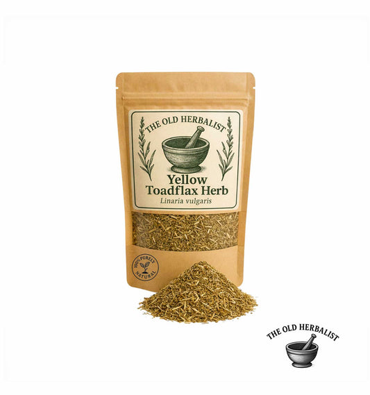 Dried yellow toadflax herb in kraft pouch – Linaria vulgaris.
