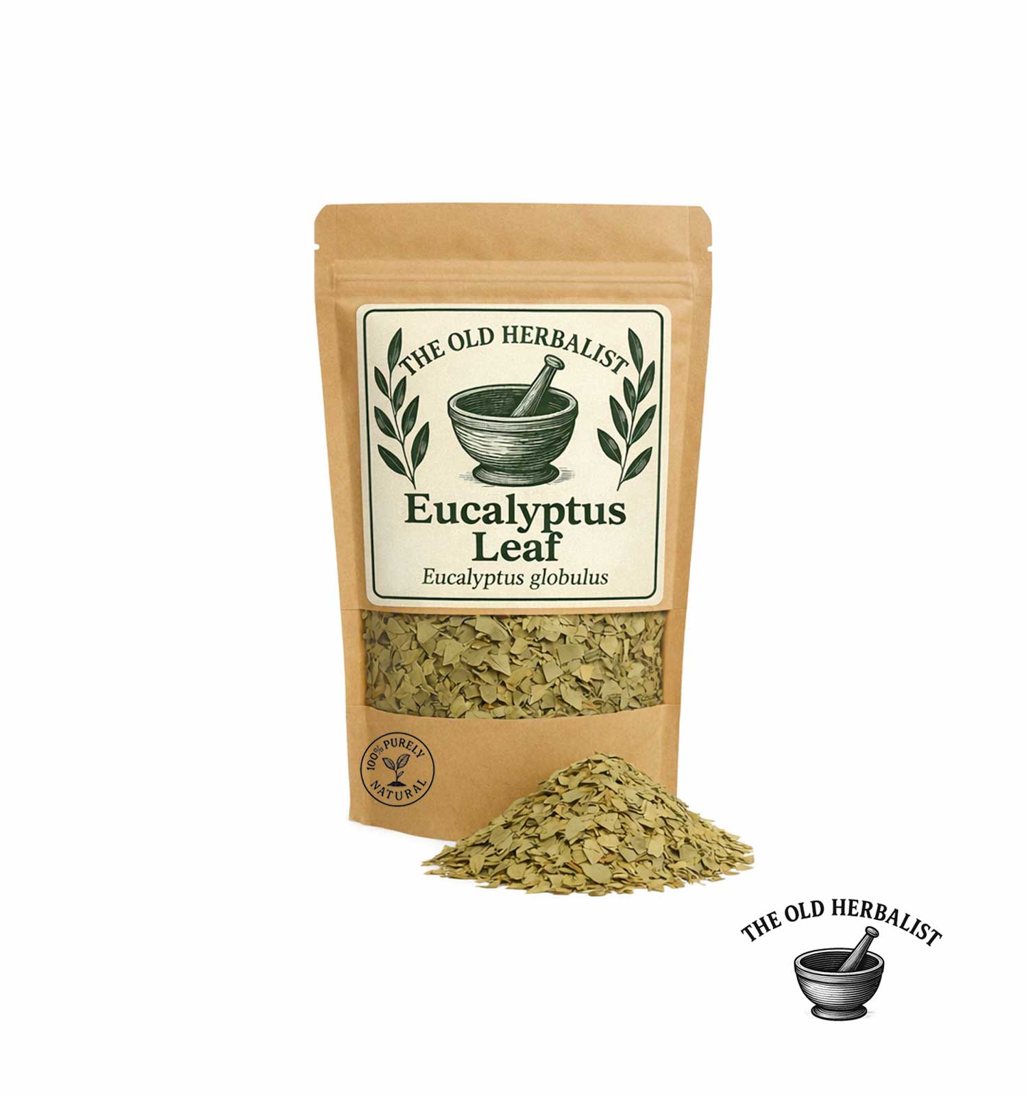Dried eucalyptus leaves in kraft pouch – herbal tea ingredient.

