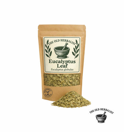 Dried eucalyptus leaves in kraft pouch – herbal tea ingredient.
