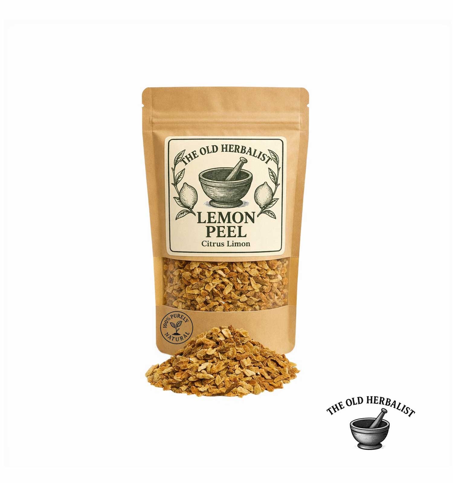 Dried lemon peel in kraft pouch – natural citrus ingredient.
