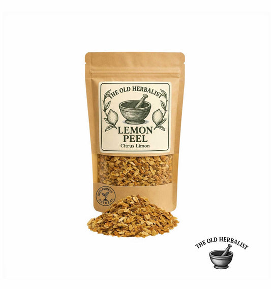 Dried lemon peel in kraft pouch – natural citrus ingredient.
