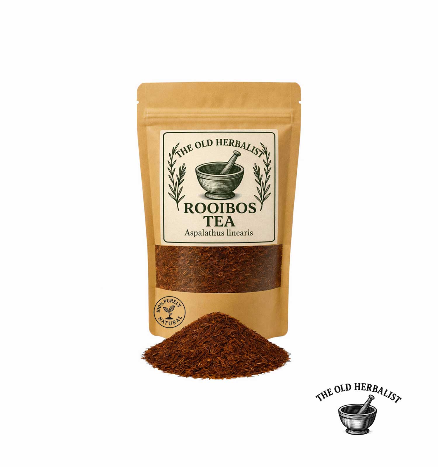 Dried rooibos tea leaves in kraft pouch – herbal tea ingredient.
