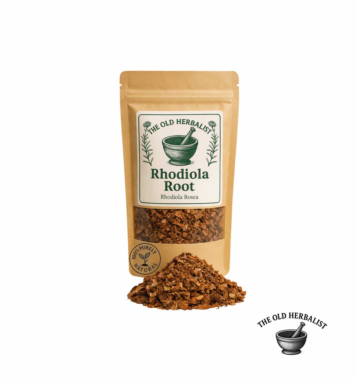 Dried rhodiola root in kraft pouch – adaptogenic herbal ingredient.