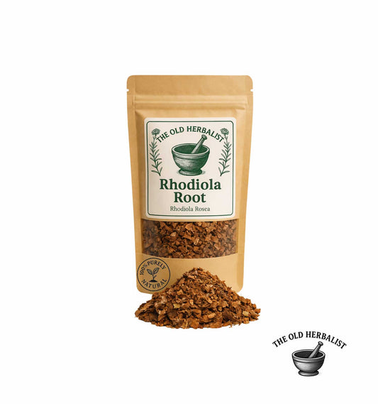 Dried rhodiola root in kraft pouch – adaptogenic herbal ingredient.