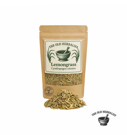 Dried lemongrass stalks in kraft pouch – herbal tea ingredient.