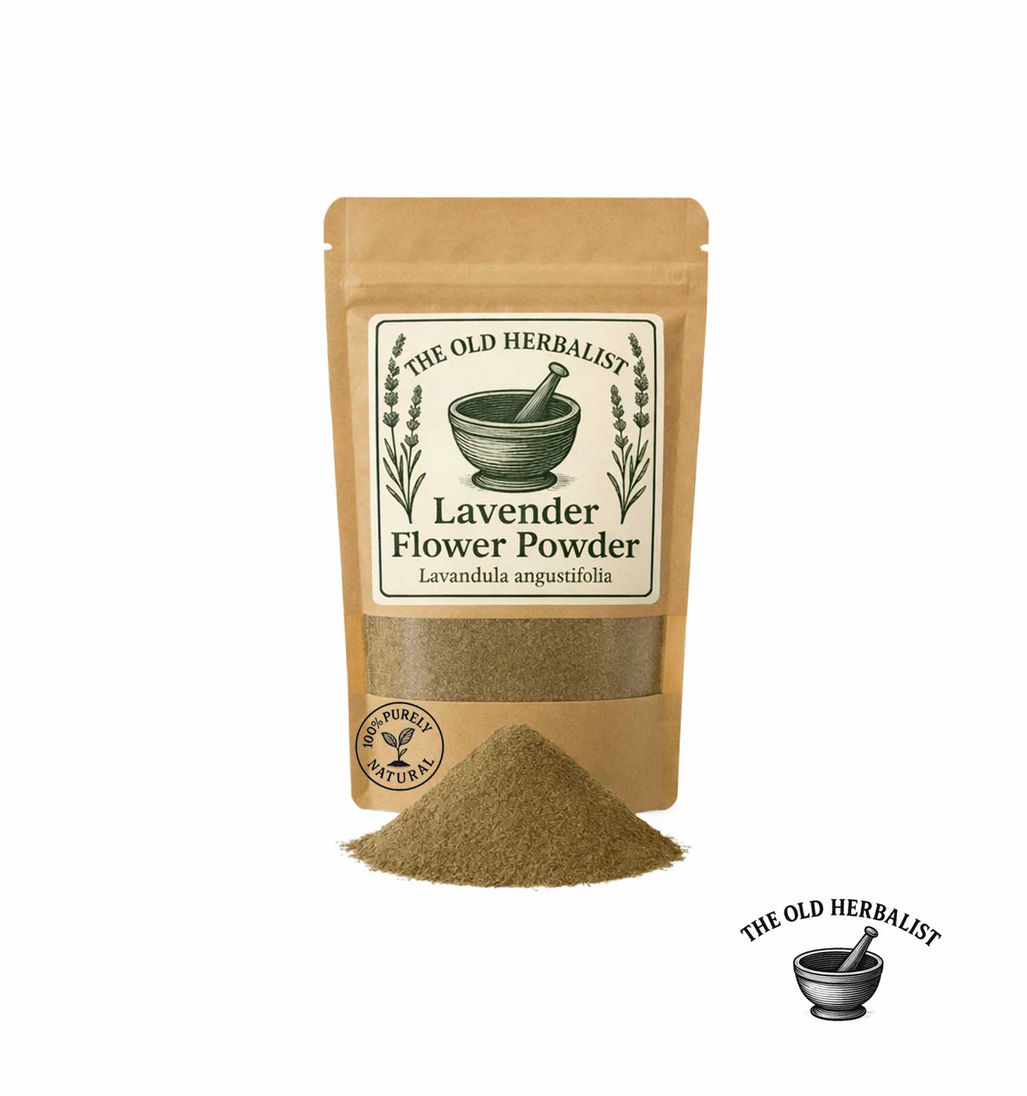 Lavender flower powder in kraft pouch – herbal ingredient.