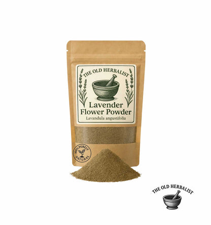 Lavender flower powder in kraft pouch – herbal ingredient.