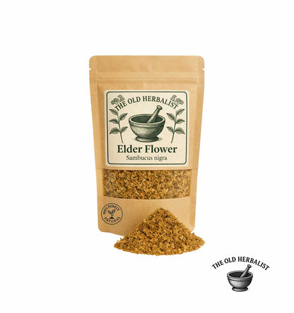 Dried elder flowers in kraft pouch – herbal tea ingredient.
