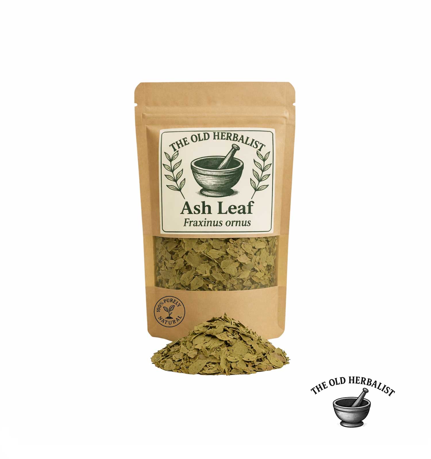 Dried ash leaves in kraft pouch – herbal tea ingredient.
