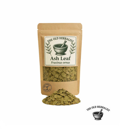 Dried ash leaves in kraft pouch – herbal tea ingredient.
