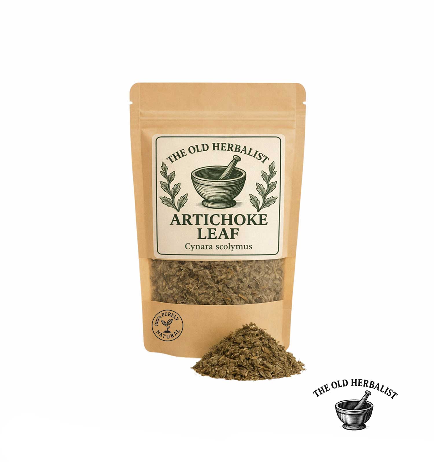 Dried artichoke leaf in kraft pouch – herbal ingredient.
