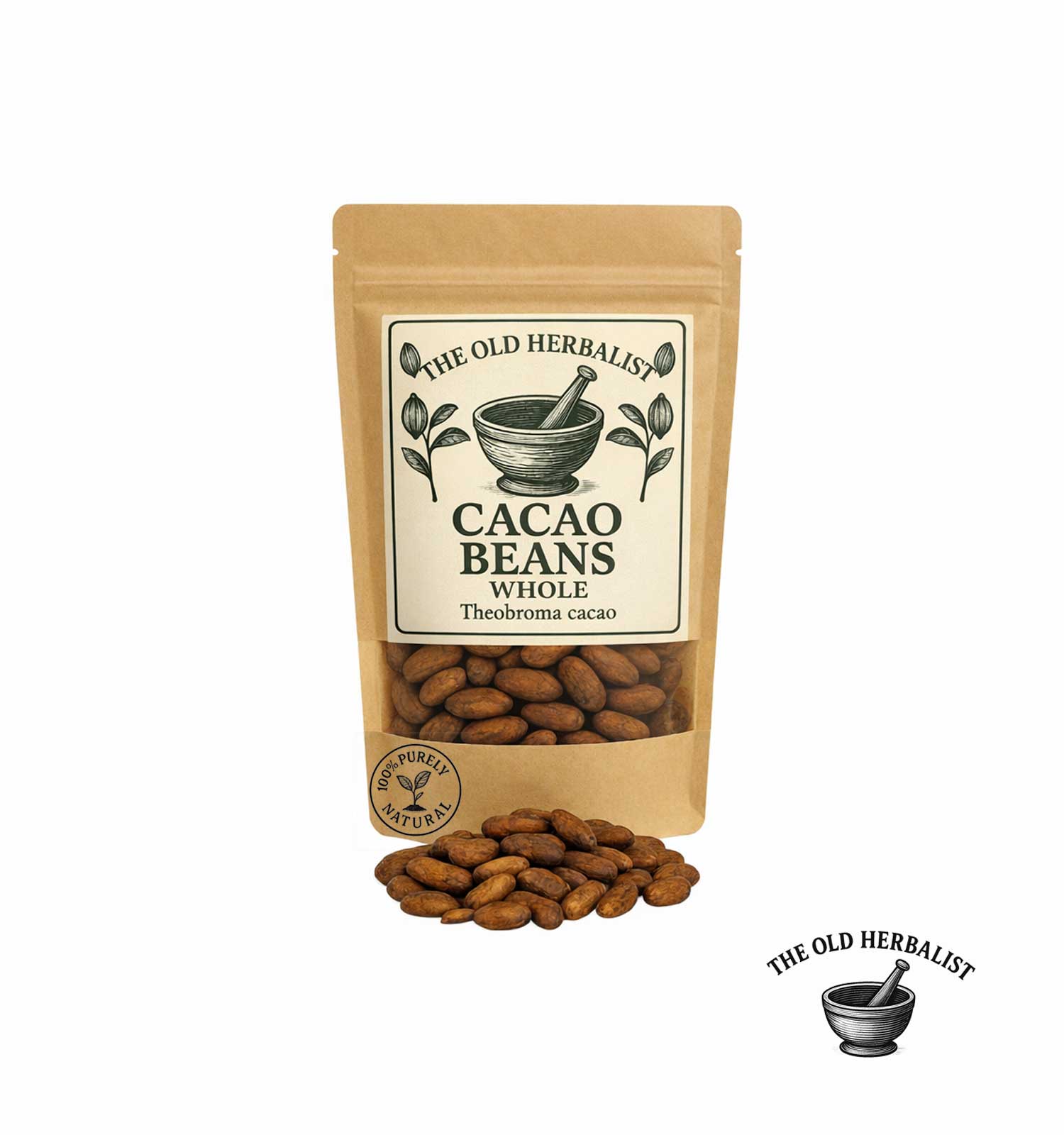 Whole raw cacao beans in kraft pouch – natural cacao ingredient.