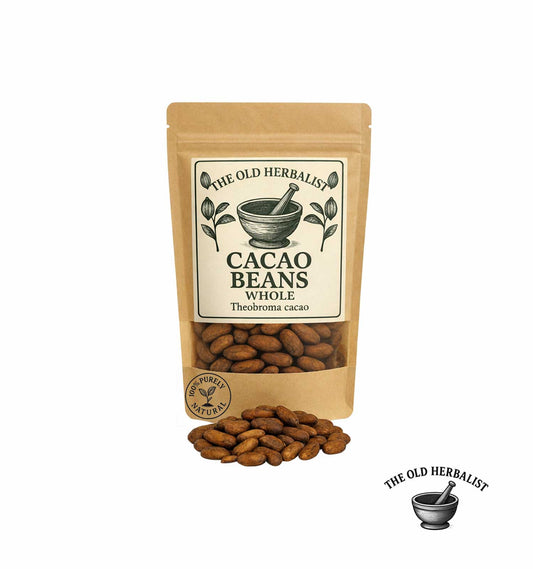 Whole raw cacao beans in kraft pouch – natural cacao ingredient.