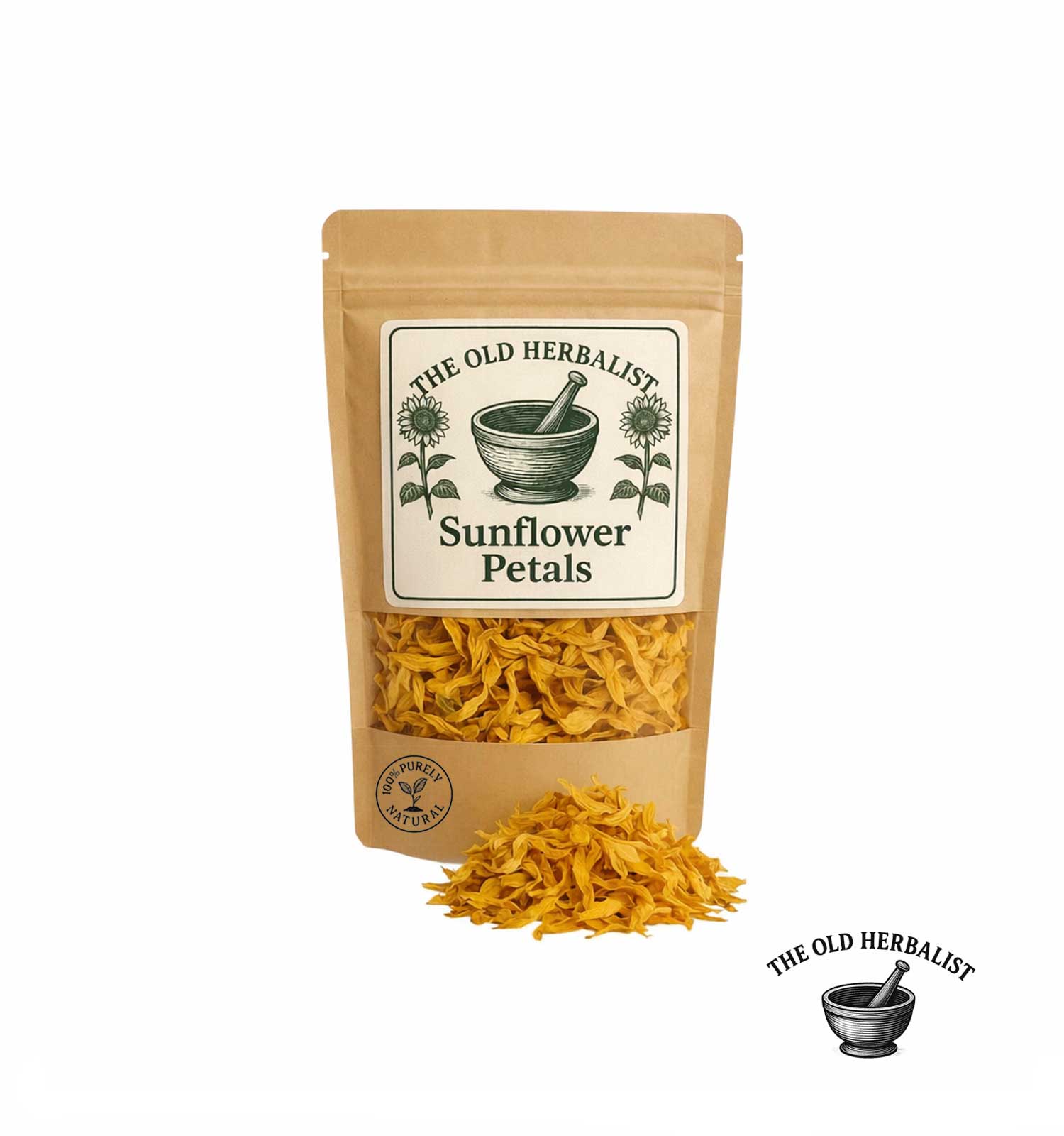 Dried sunflower petals in kraft pouch – herbal tea flower.