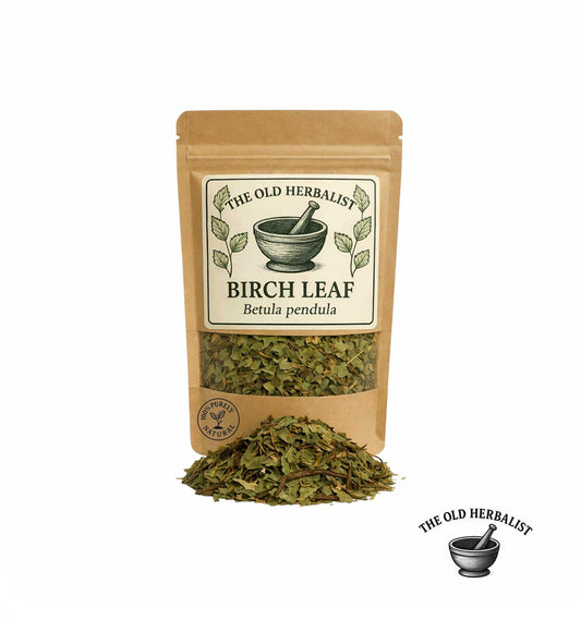 Dried birch leaves in kraft pouch – herbal tea ingredient.
