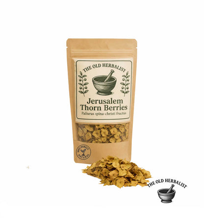 Dried Jerusalem thorn berries in kraft pouch – herbal ingredient.
