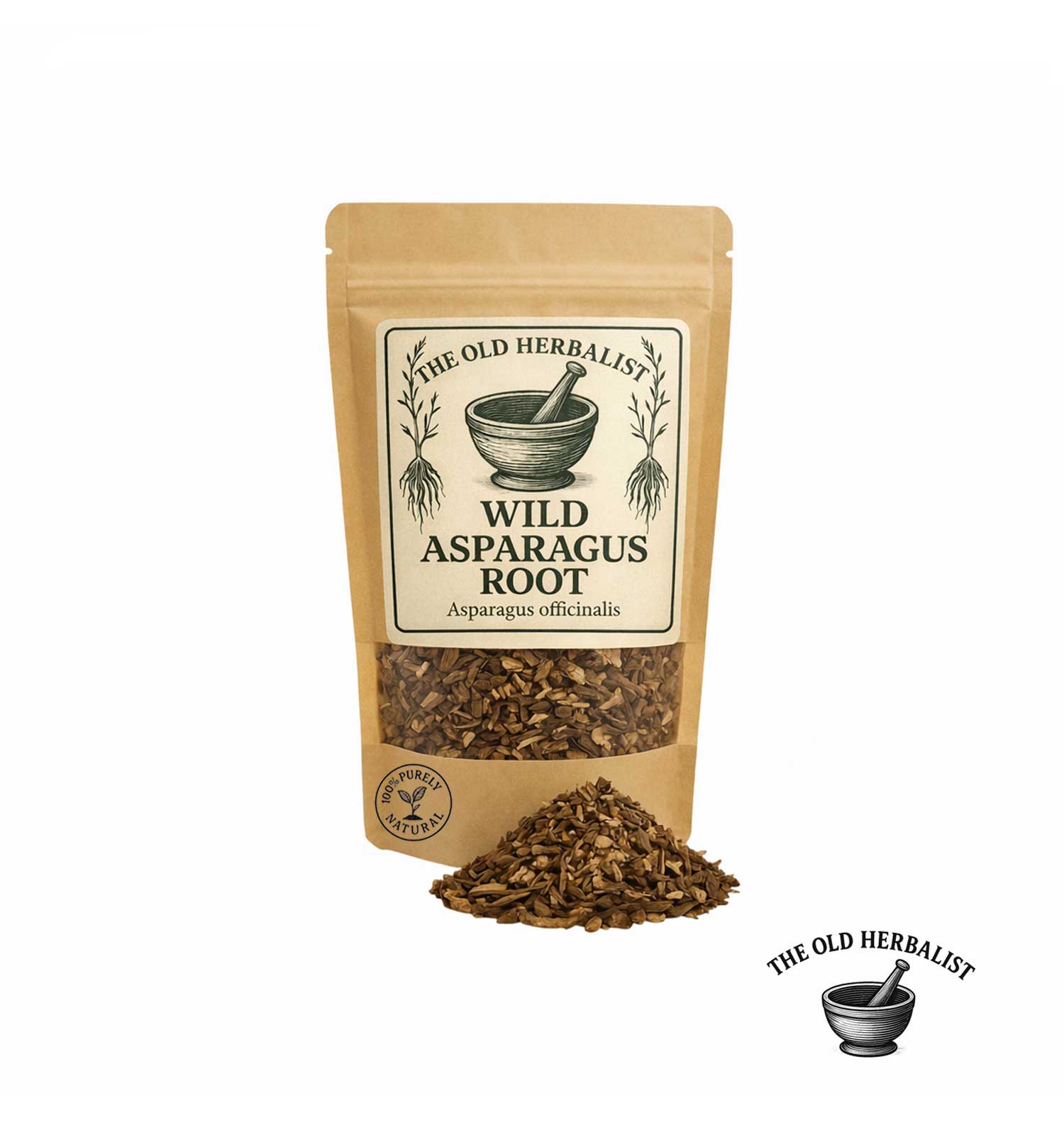 Dried wild asparagus root in kraft pouch – herbal root ingredient.

