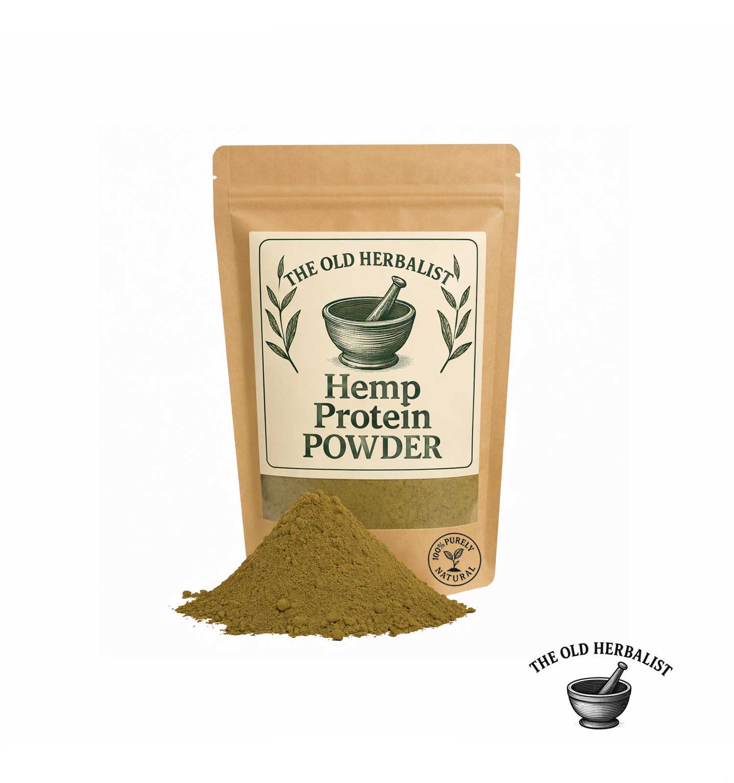 Dried hemp protein powder in kraft pouch – plant-based protein ingredient.
