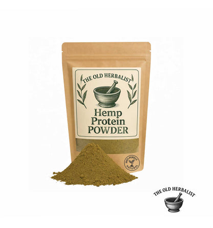 Dried hemp protein powder in kraft pouch – plant-based protein ingredient.
