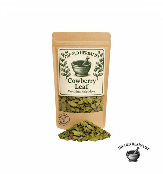Dried cowberry leaves in kraft pouch – herbal tea ingredient.
