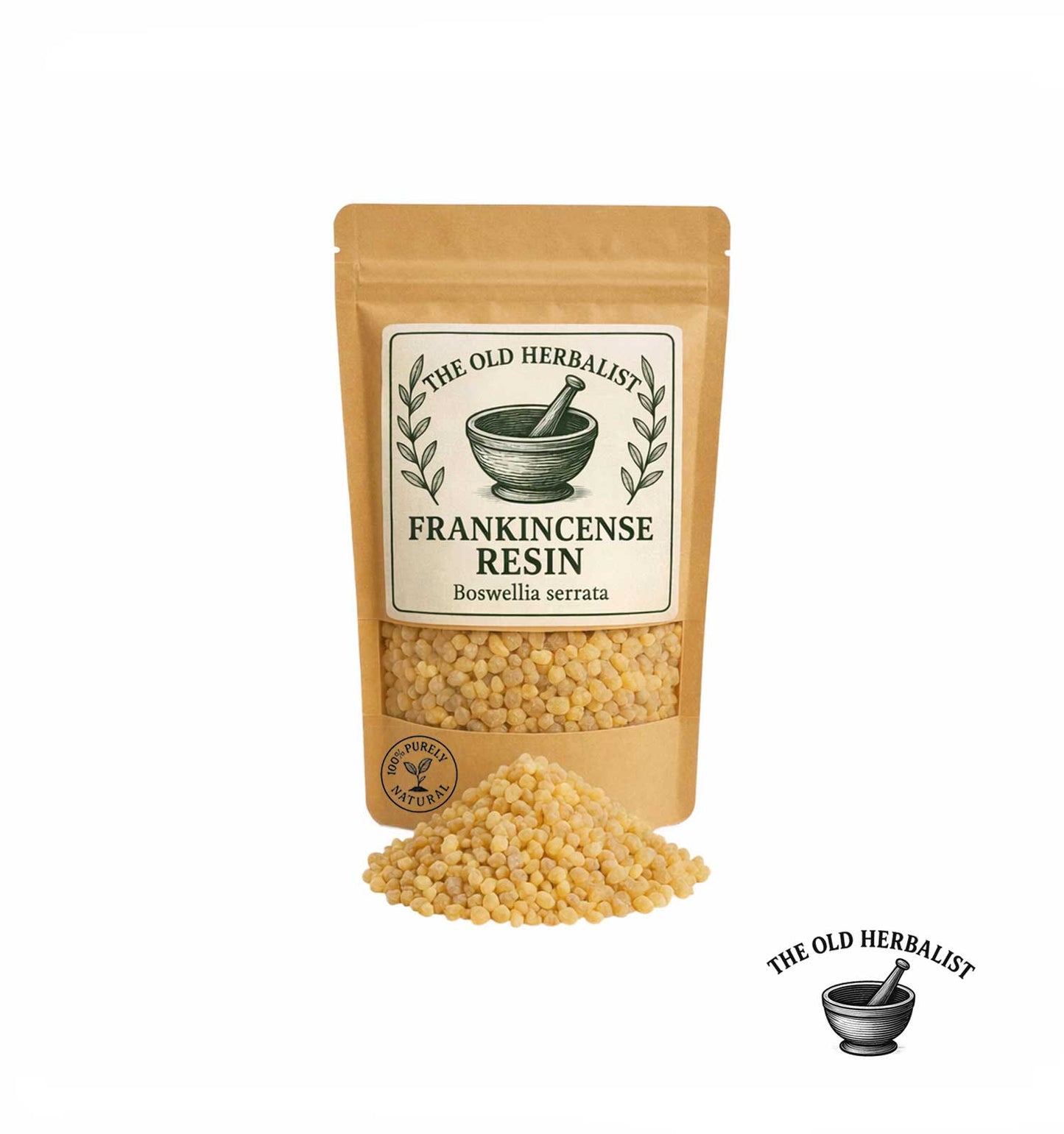 Frankincense resin granules in kraft pouch – natural aromatic resin.